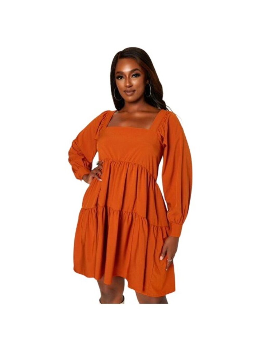 Rebdolls Babydoll Dress Plus Size 1X Tiered Long Sleeve Rust Orange Minimalist